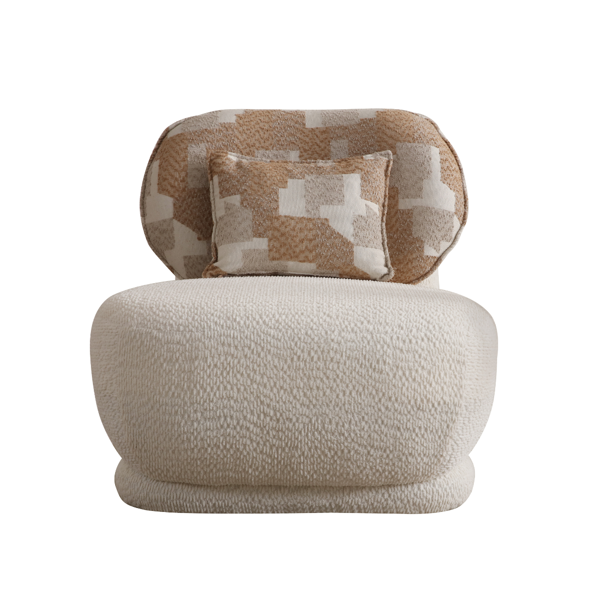 White armchair with patterned backrest and pillow on a white background