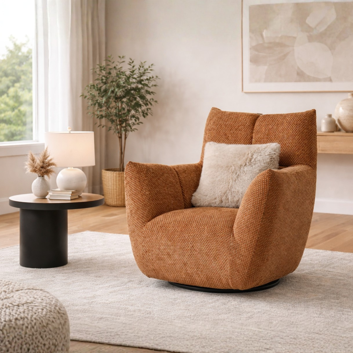 Brown armchair in a living room with a lamp, plant, and side table.