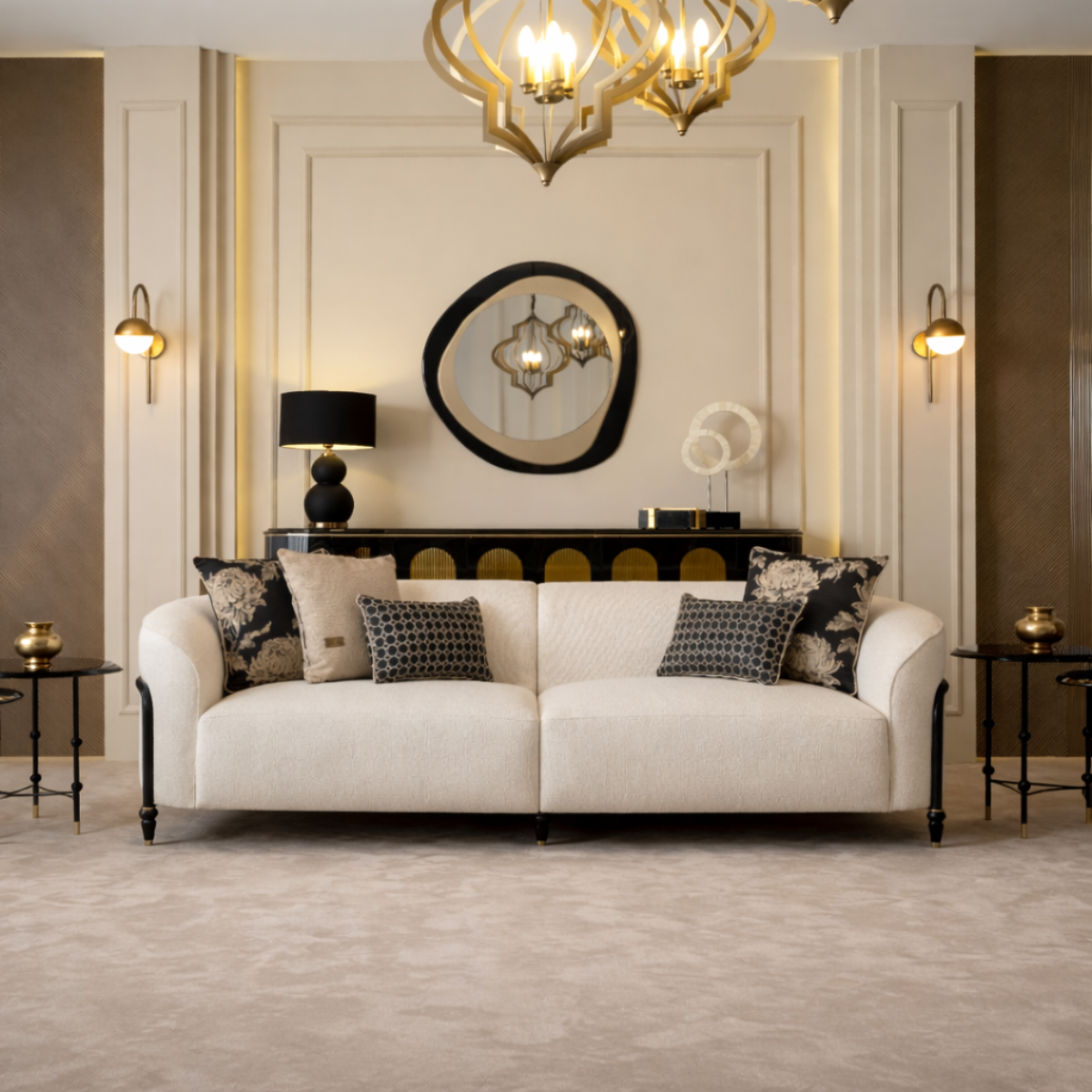 Luxurious living room with a white sofa, decorative pillows, and elegant wall lights.