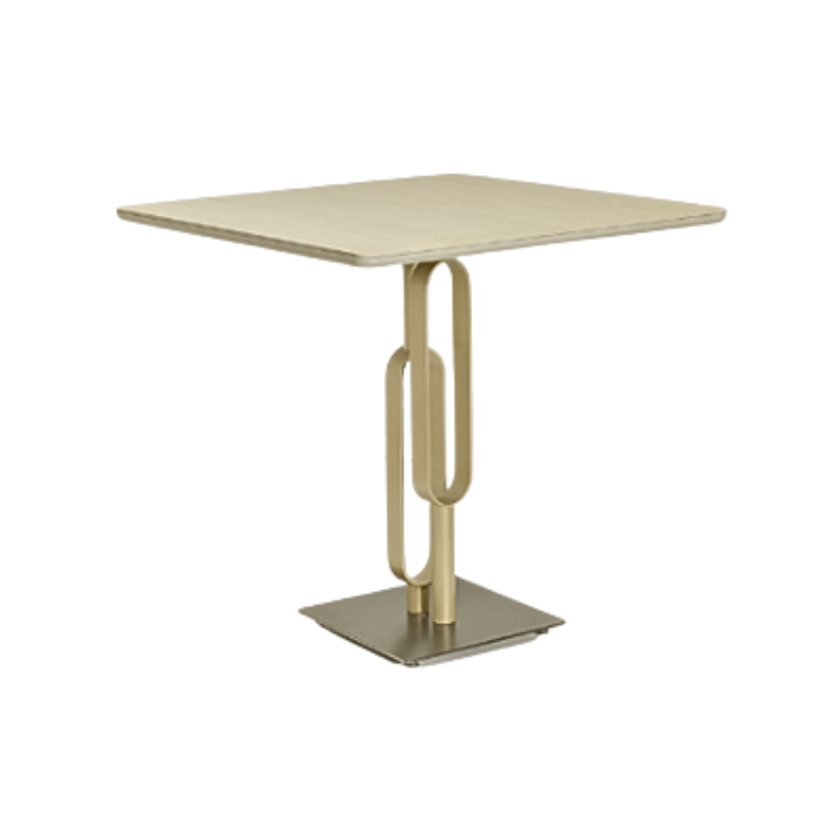 Square table with a unique metal base on a white background
