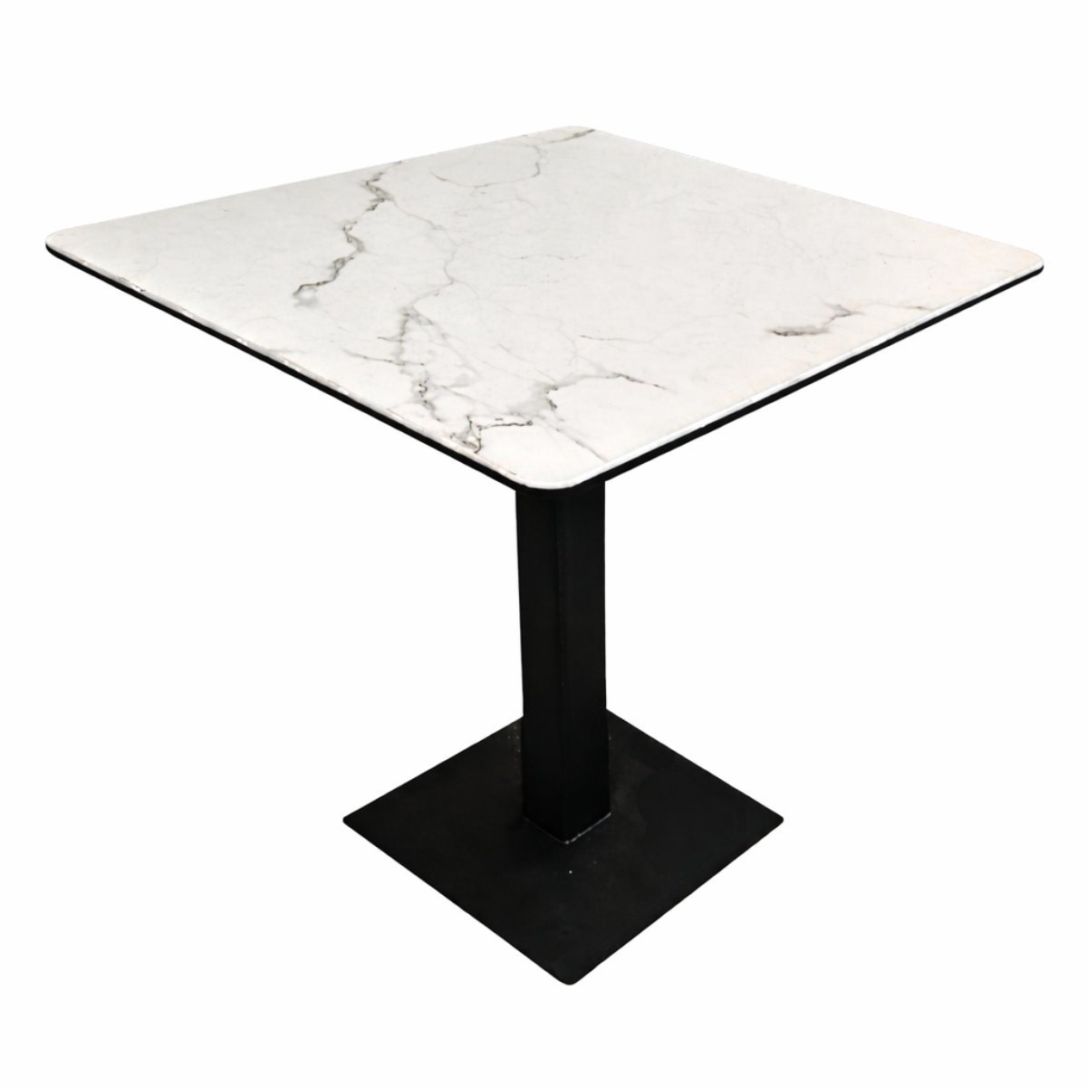 Square table with marble-like top and black metal base on a white background
