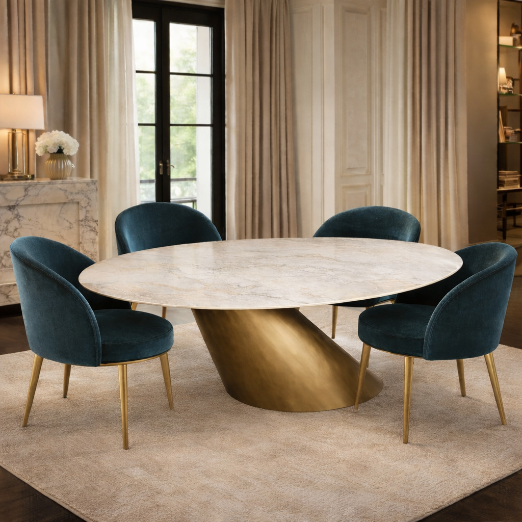 Dining room with a marble table and blue chairs in a stylish interior setting.