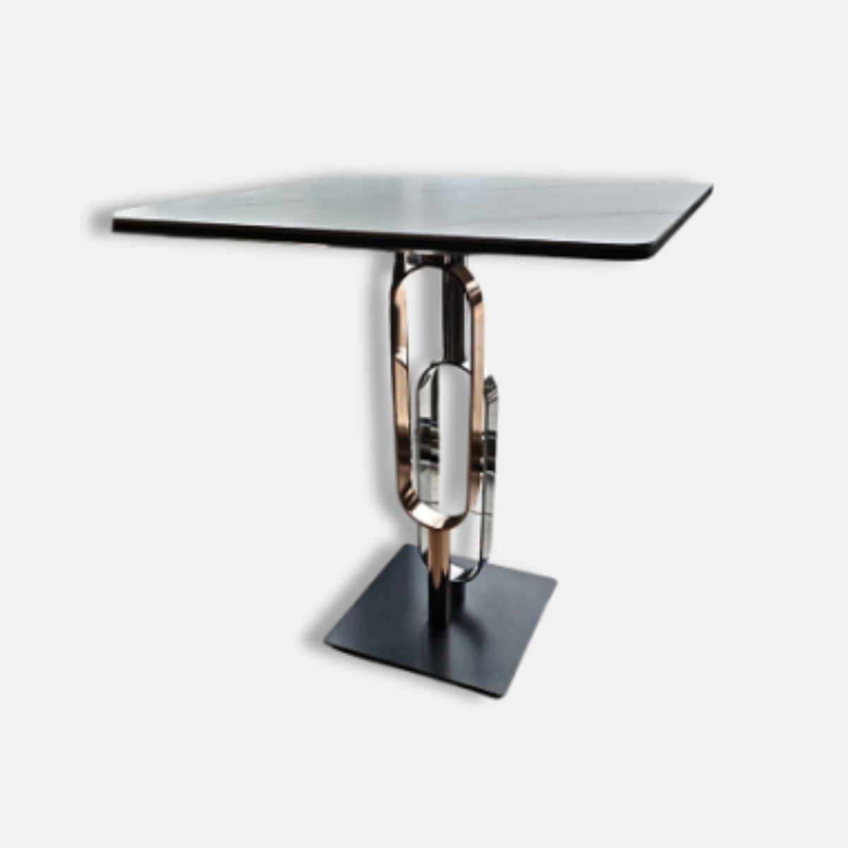 Modern side table with a black glass top and metallic base on a white background