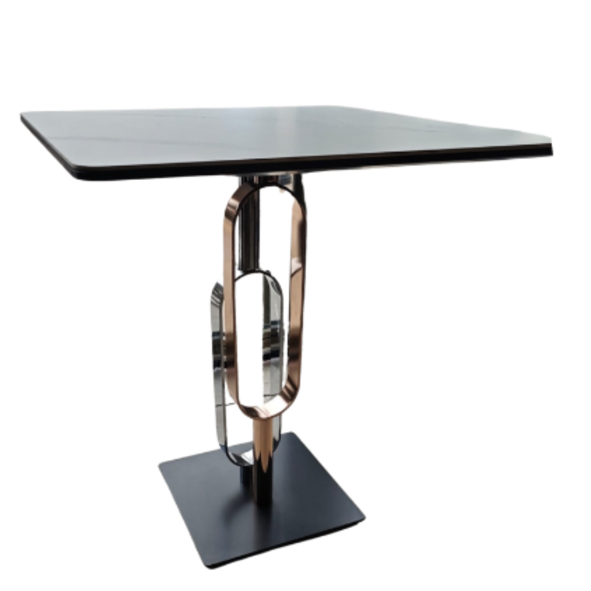 Modern black dining table with unique metal base on a white background