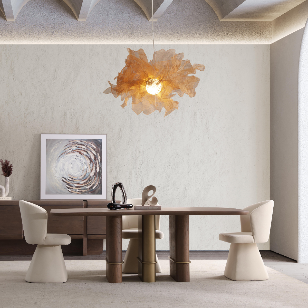 Modern dining room with a wooden table and chairs, featuring a decorative ceiling light fixture.