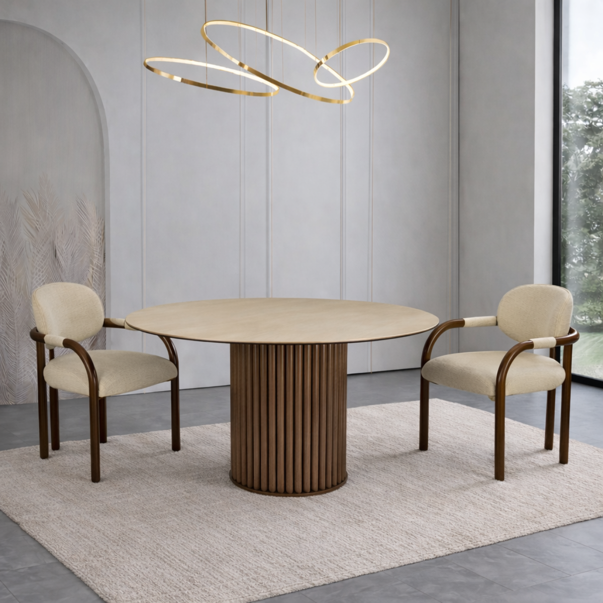 Round dining table with two chairs in a modern interior setting