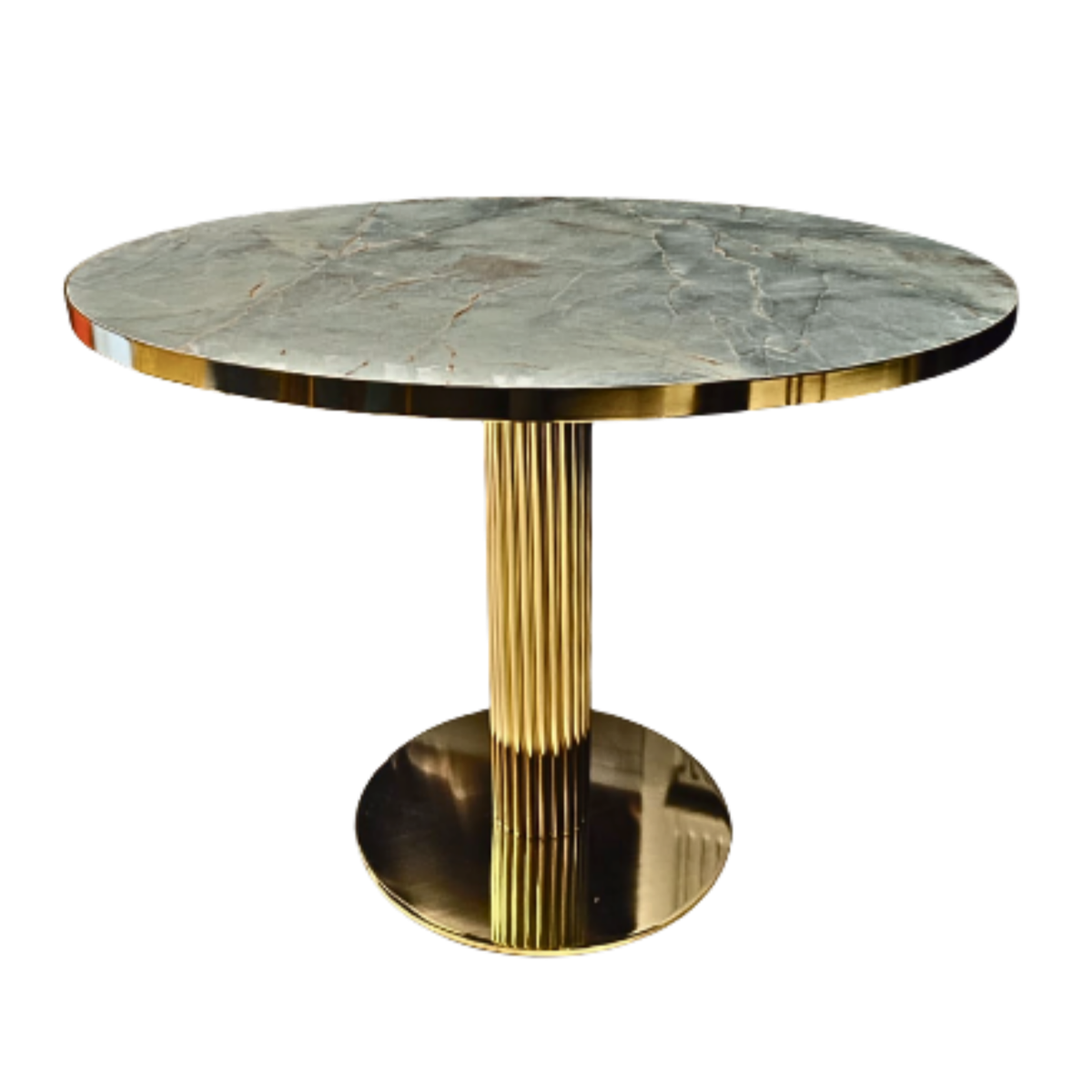 Round marble table with a gold base on a white background
