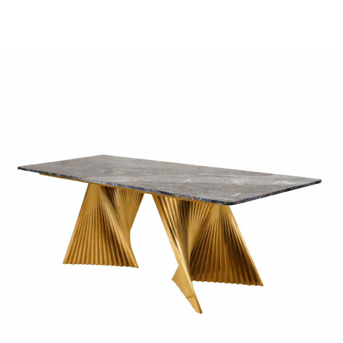 Dining table with marble top and gold metal base on a white background