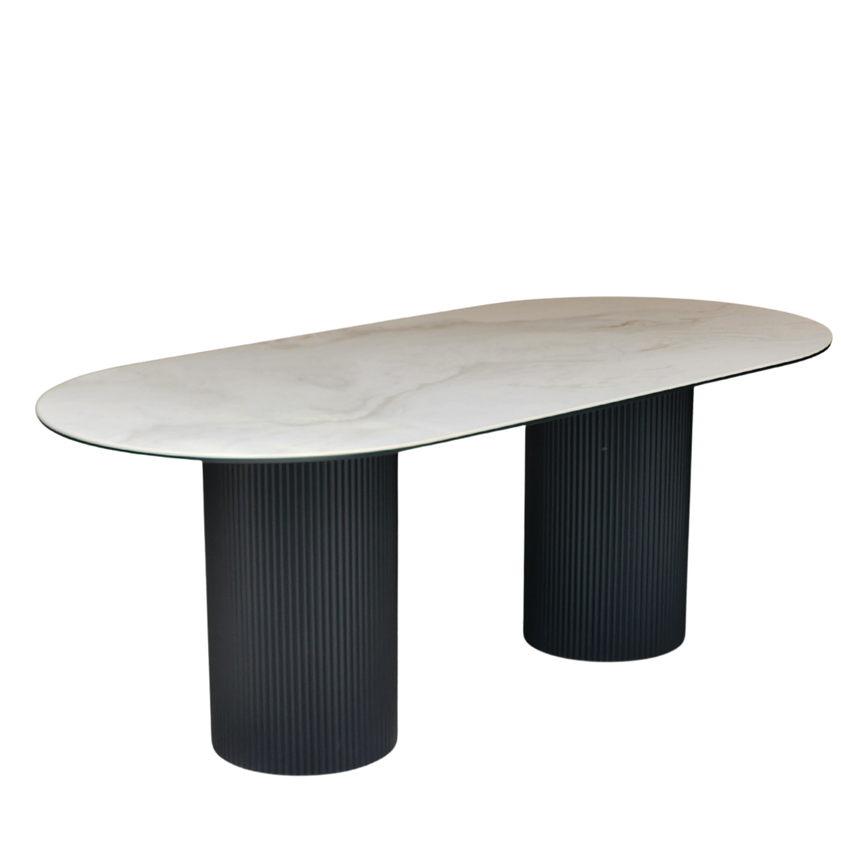 Oval marble table with black ribbed cylindrical legs on a white background