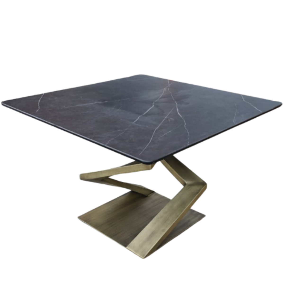 Modern dining table with black marble top and gold metal base on a white background