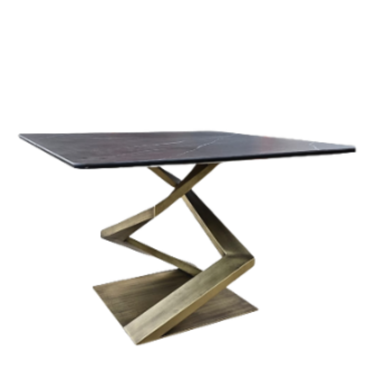 Modern side table with marble top and gold metal base on a white background