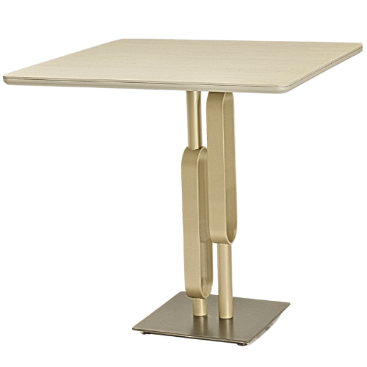 Beige square table with unique metal legs on a white background