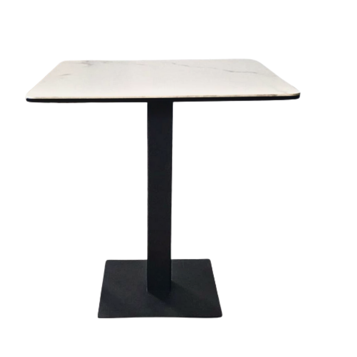 Square table with white marble top and black metal base on a white background