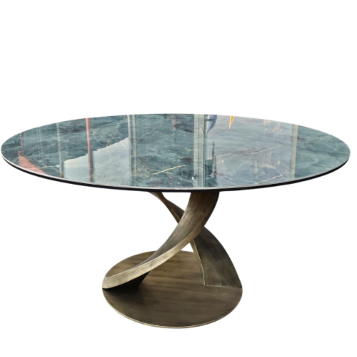 Round marble table with a unique base design on a white background