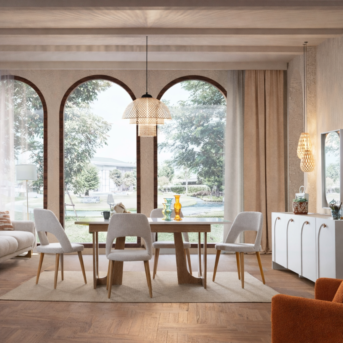 Modern dining room with a wooden table and white chairs, large windows, and decorative elements.