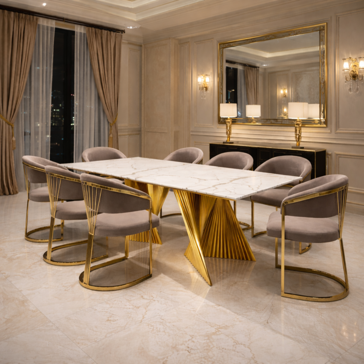 Elegant dining room with a gold and marble table and chairs.