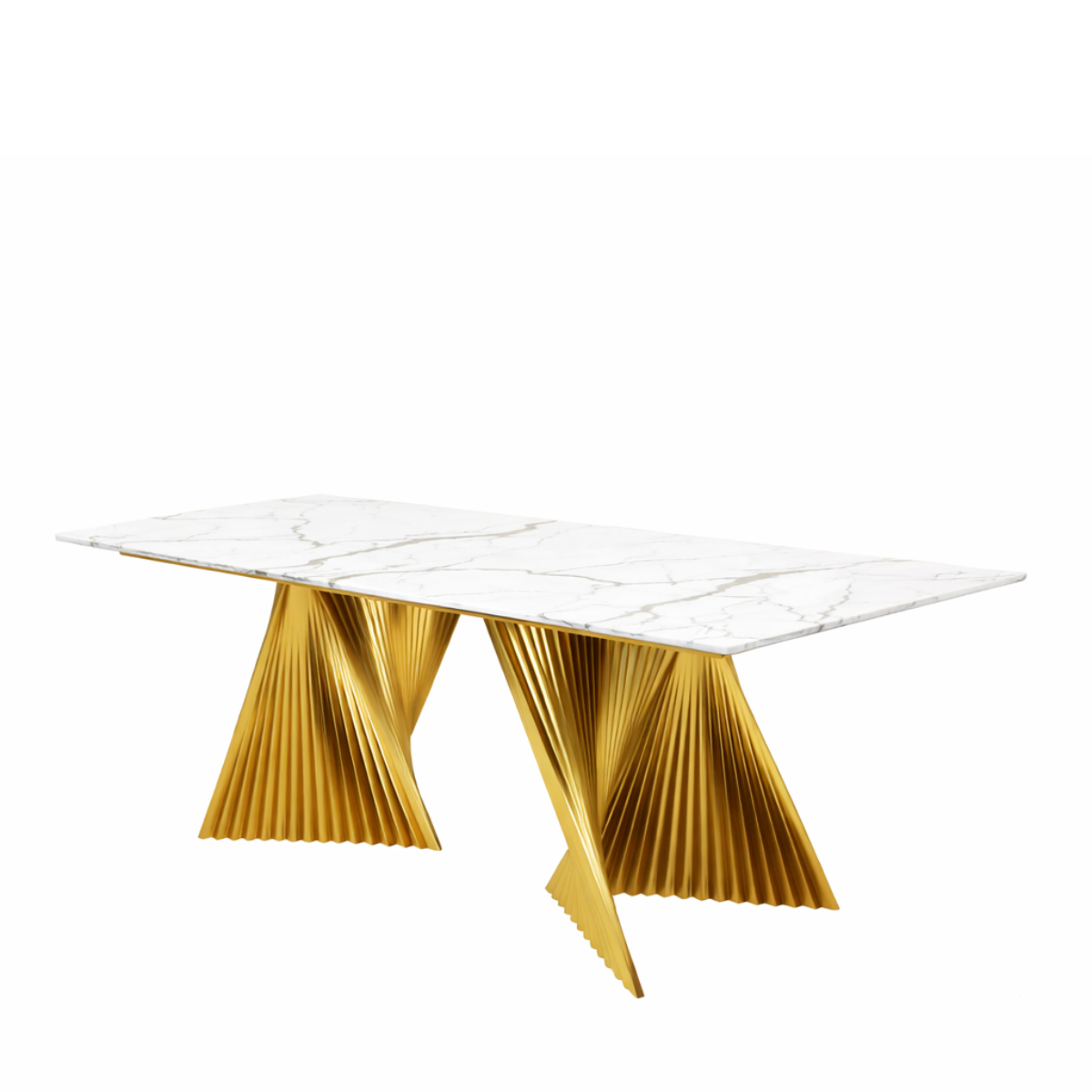 Dining table with marble top and gold metal base on a white background