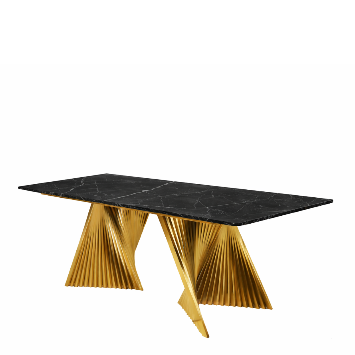 Dining table with black marble top and gold metal base on a white background
