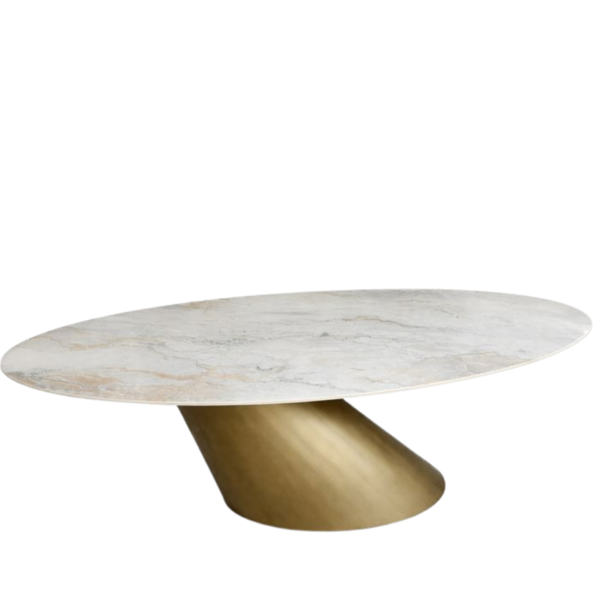 Round marble coffee table with a gold base on a white background