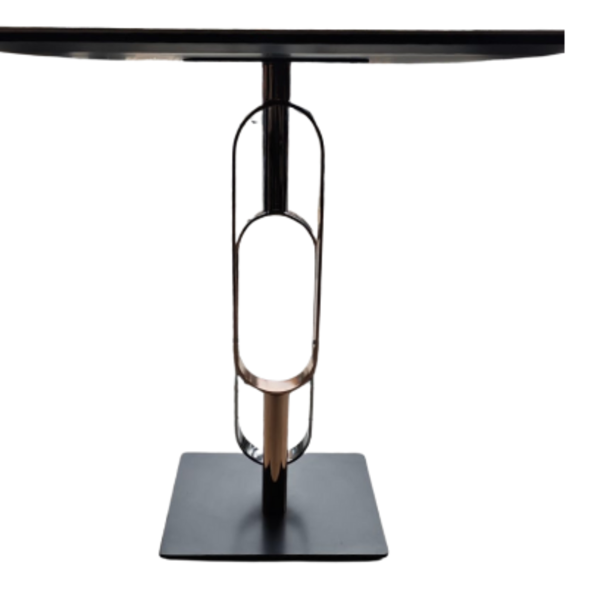 Modern black dining table with unique metal leg design on a white background