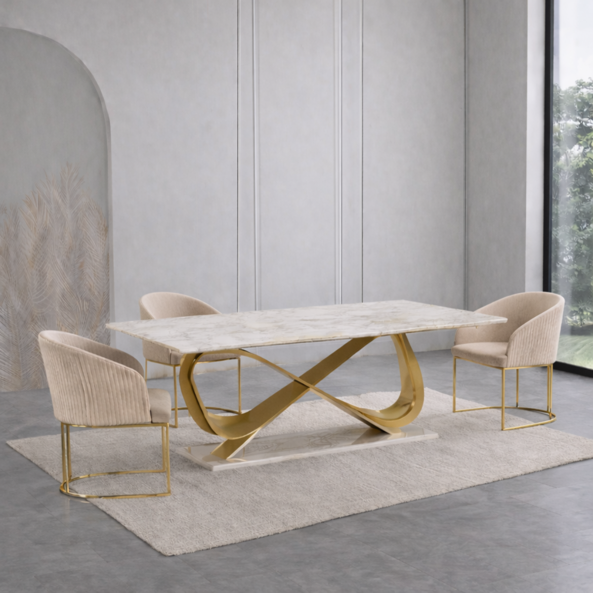 Dining table with marble top and gold legs in a modern room setting