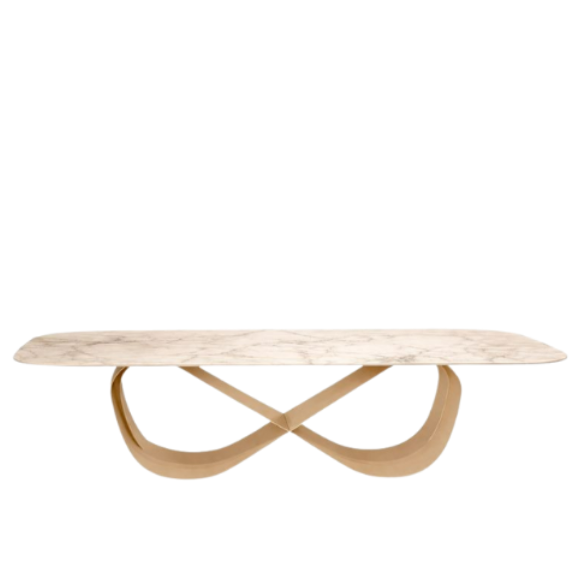 Modern coffee table with marble top and unique base design on a white background