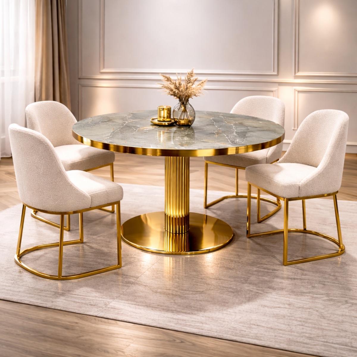Dining room with a round marble table and white chairs with gold legs.