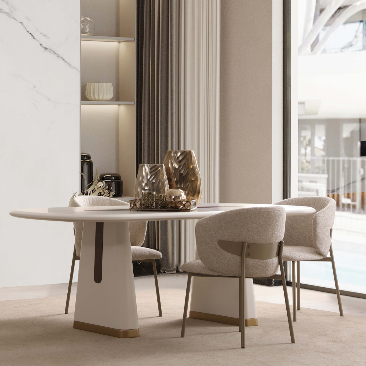 Modern dining table with chairs in a stylish room