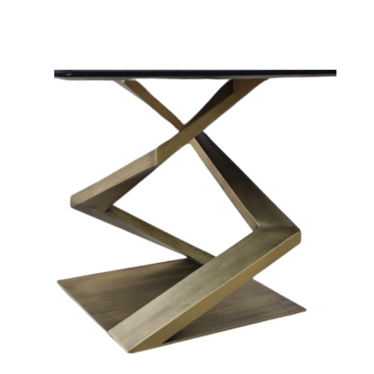 Modern dining table with a unique metal frame design on a white background