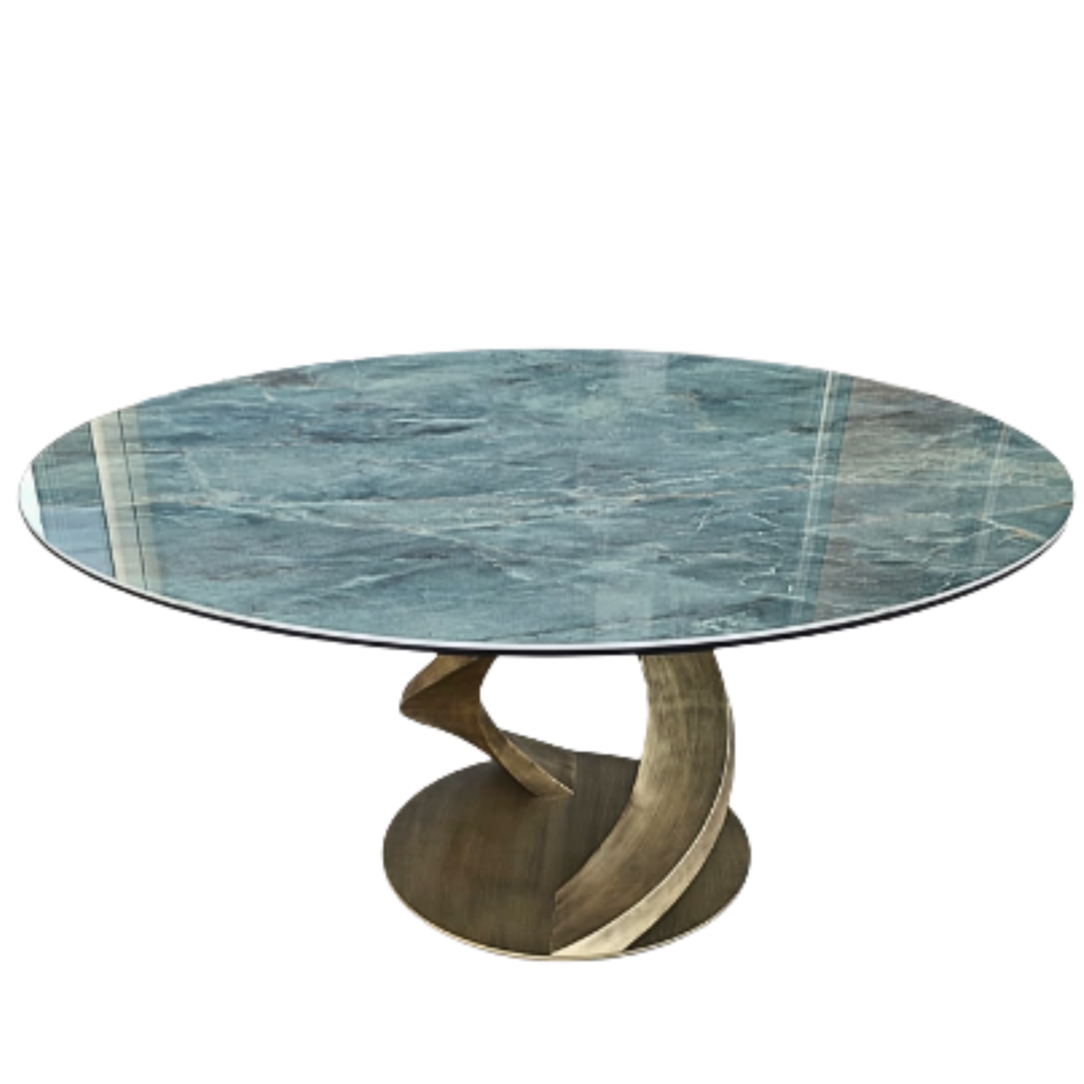 Round marble table with a wooden base on a white background