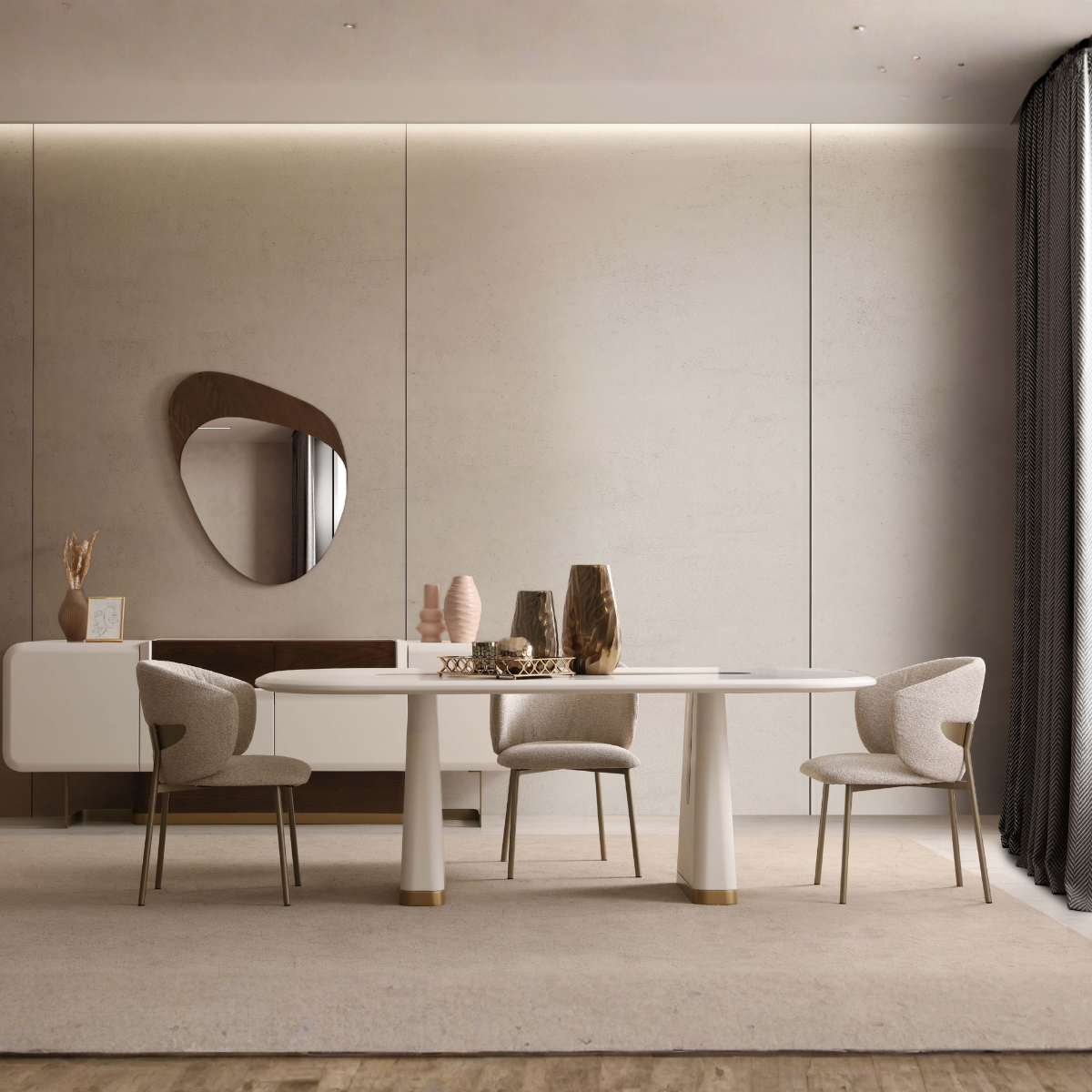 Modern dining room with a white table and chairs against a neutral wall.