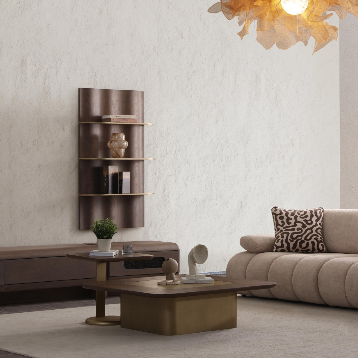 Modern living room with a beige sofa, coffee table, and wall shelf.