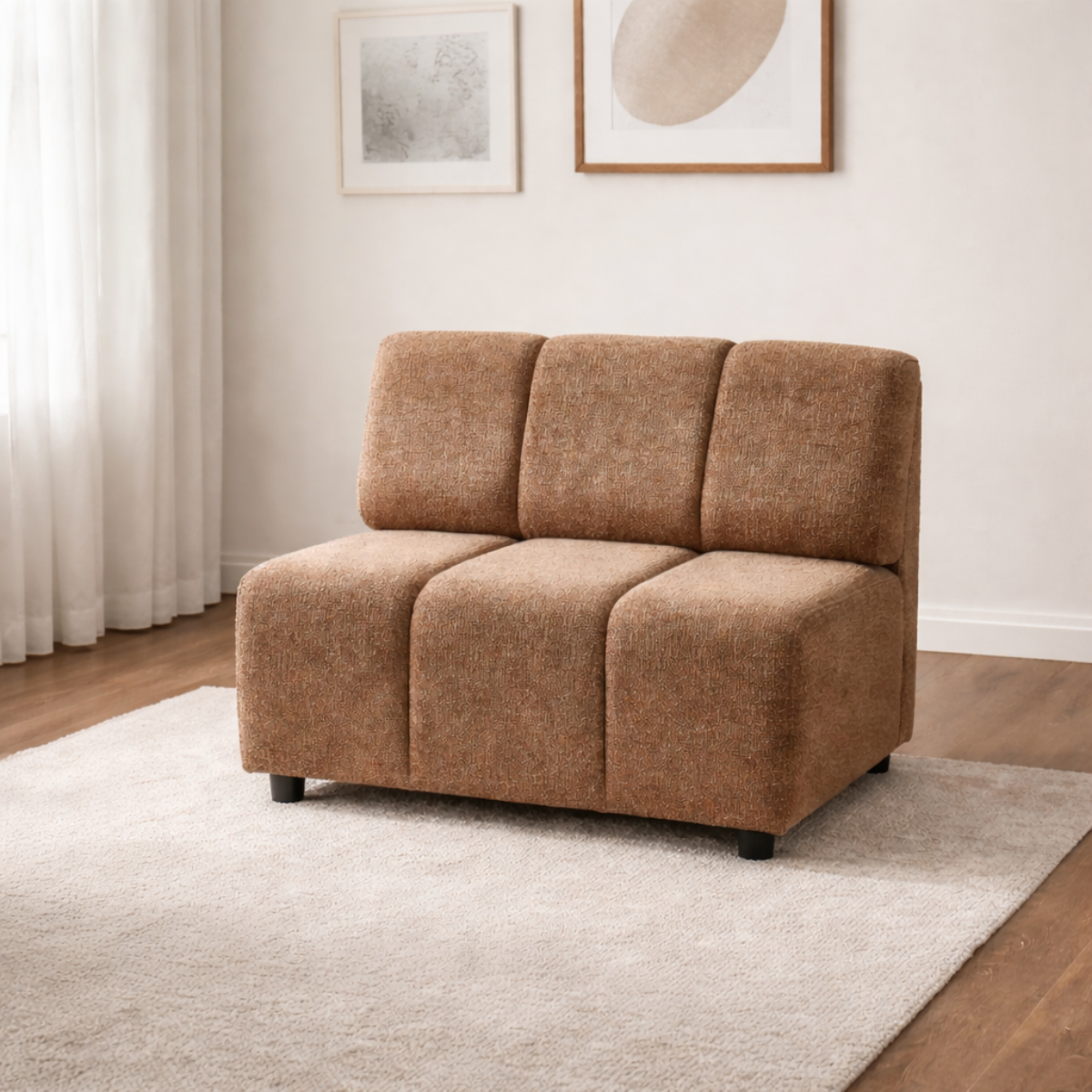 Brown fabric sofa in a living room setting with light-colored walls and a rug.