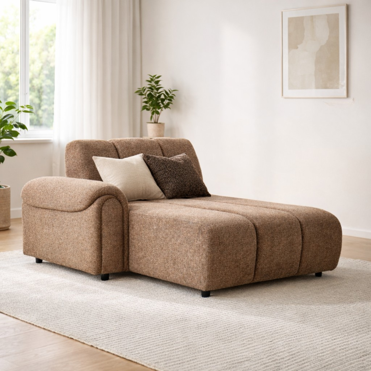Brown sectional sofa in a living room with plants and a window.