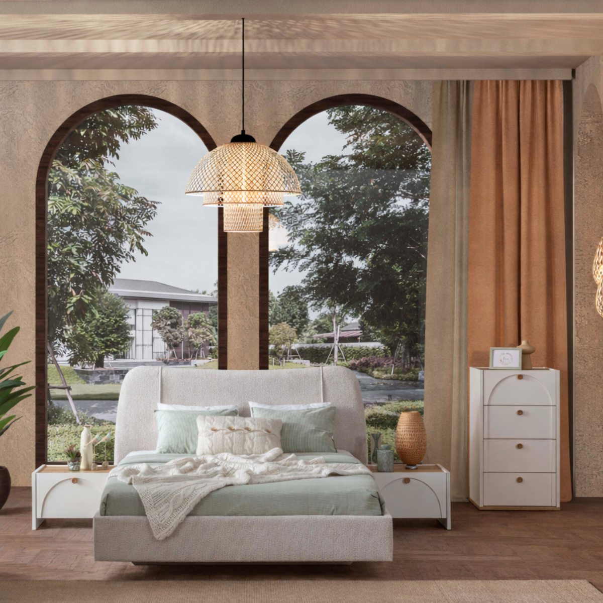 Modern bedroom with a bed, nightstands, and a lamp in a well-lit room.