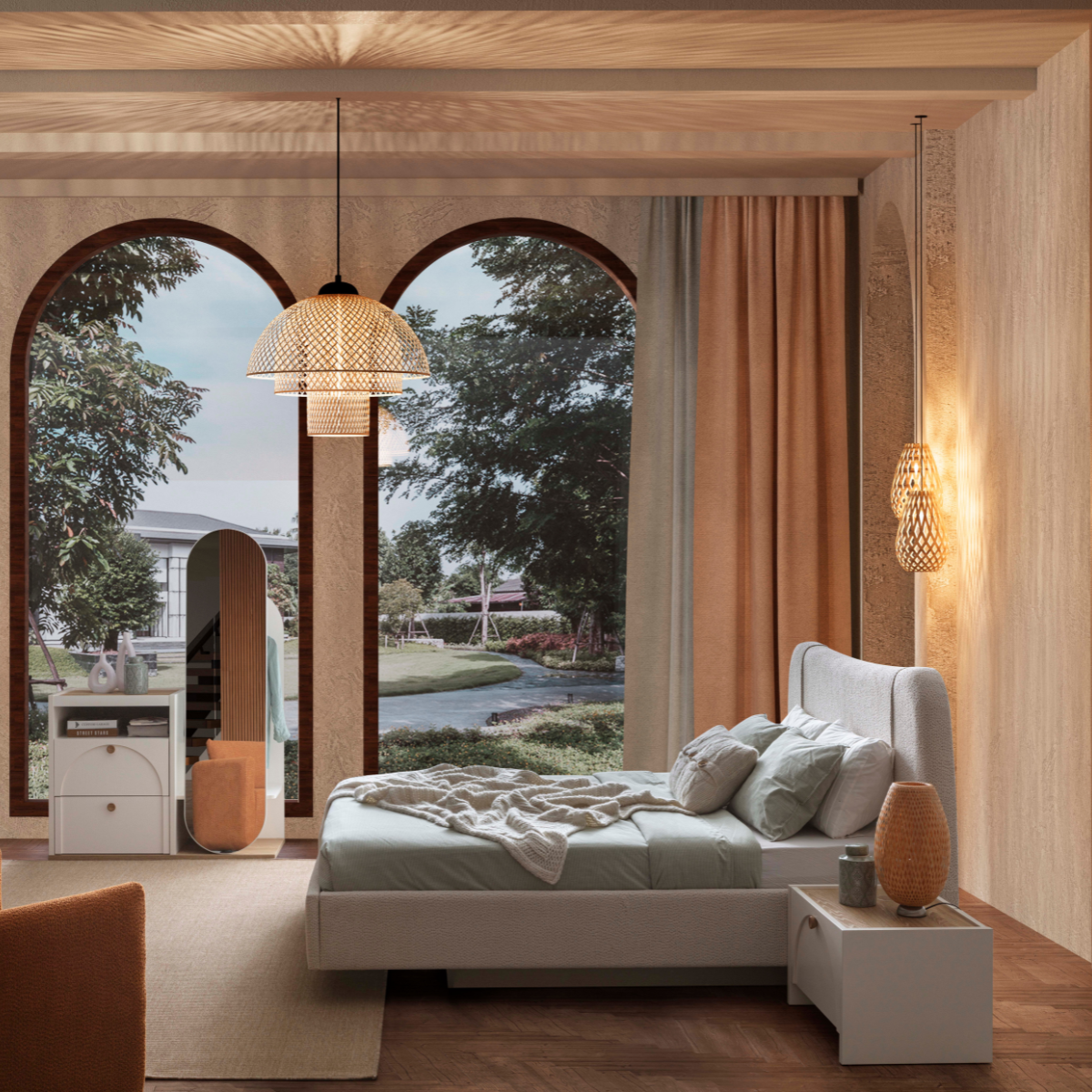 Modern bedroom with a bed, lamps, and large windows overlooking a garden.