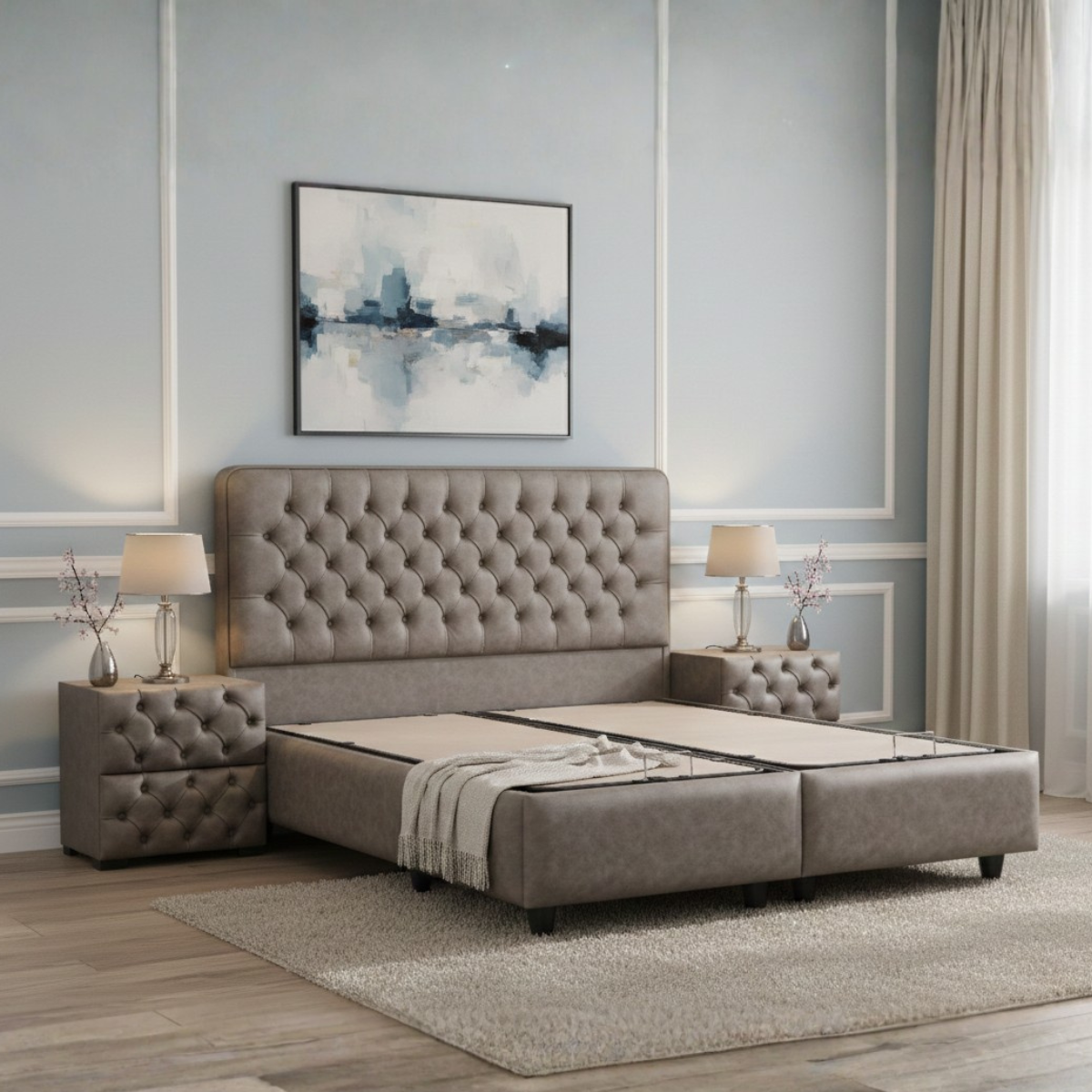 Gray upholstered bed with tufted headboard in a bedroom setting.