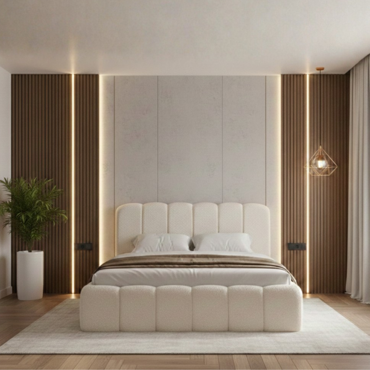 Modern bedroom with a white bed and decorative elements.