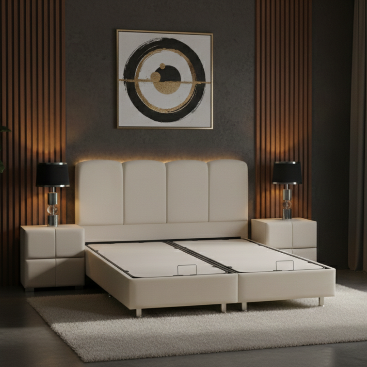 Beige upholstered bed with matching nightstands and lamps in a modern bedroom setting.