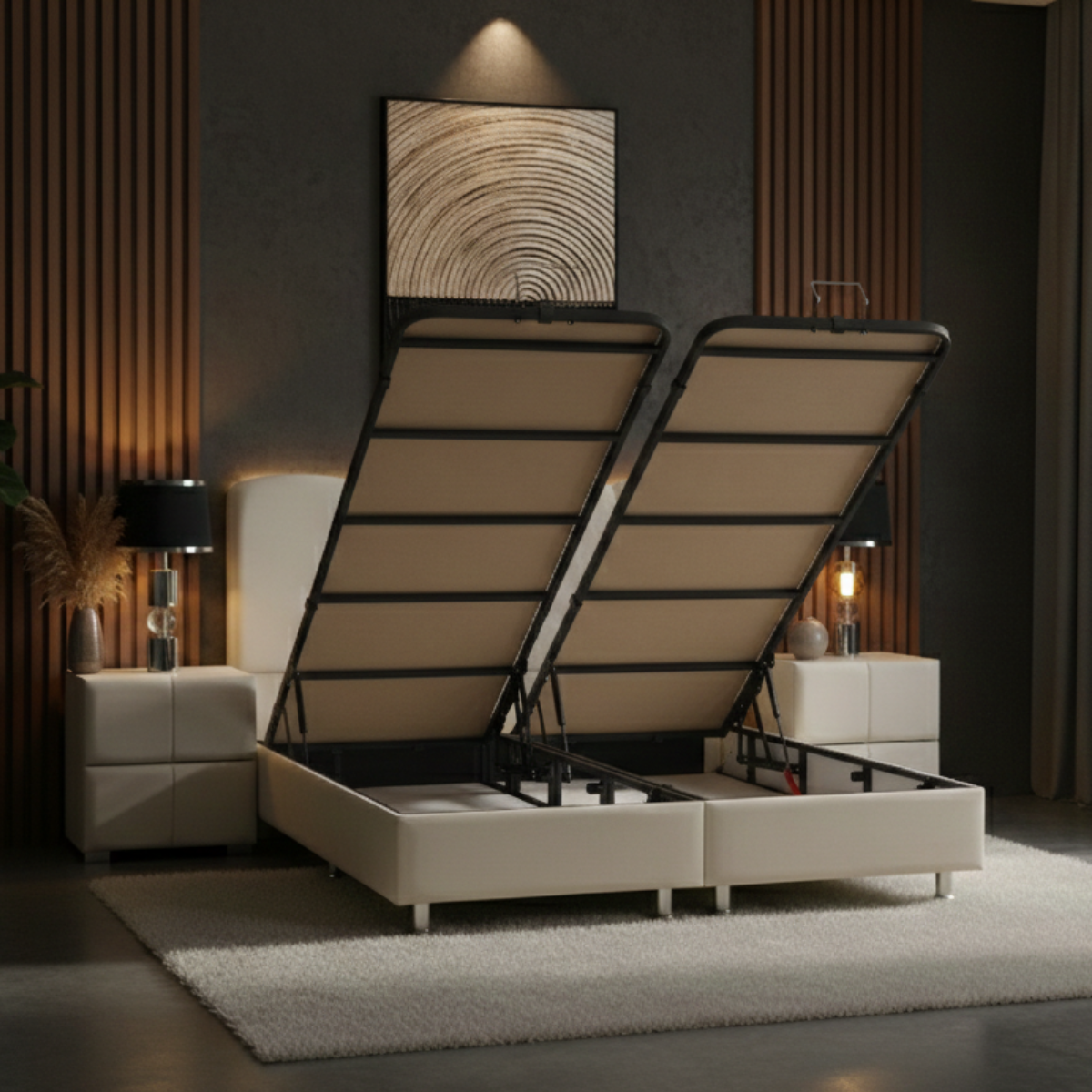 Beige bed with storage compartments in a modern bedroom setting