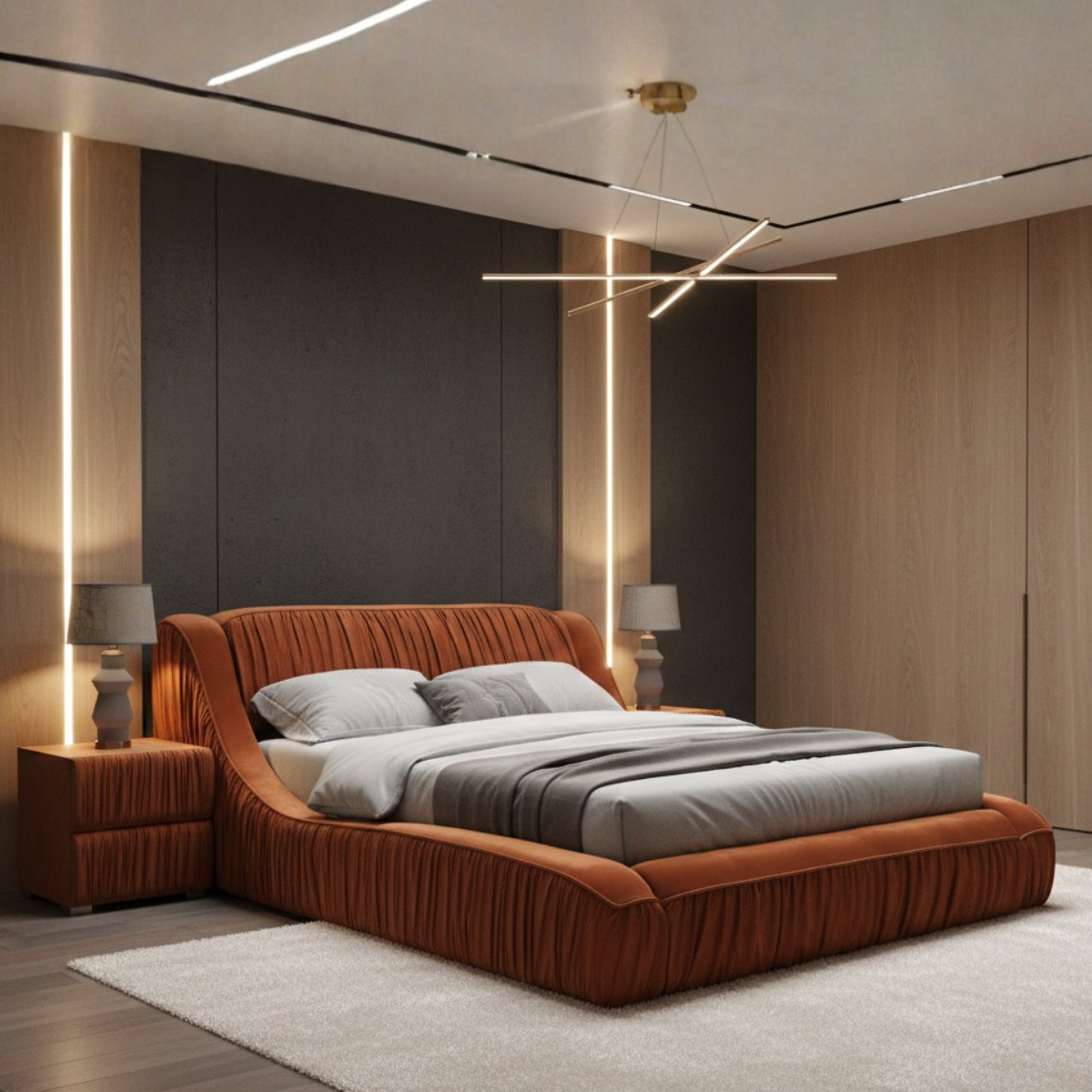 Modern bedroom with a brown upholstered bed and side tables.