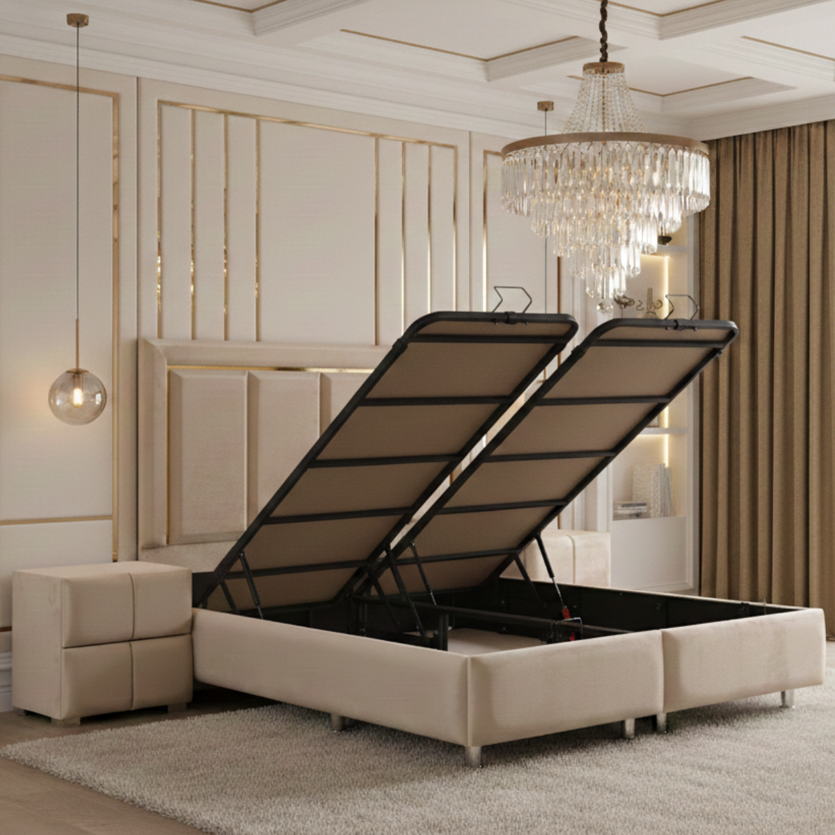 Beige bed with adjustable headboard in a stylish bedroom setting