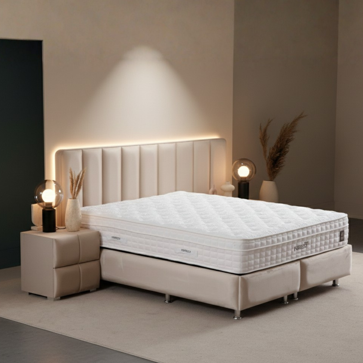 Beige bed with mattress in a modern bedroom setting