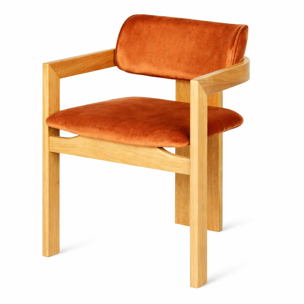 Chair with orange cushioned seat and backrest on a white background