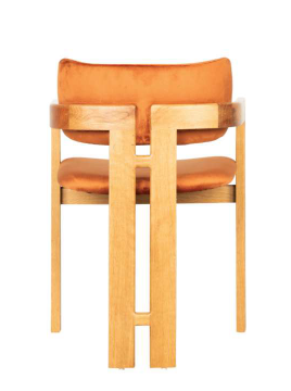Wooden chair with orange cushion on a white background