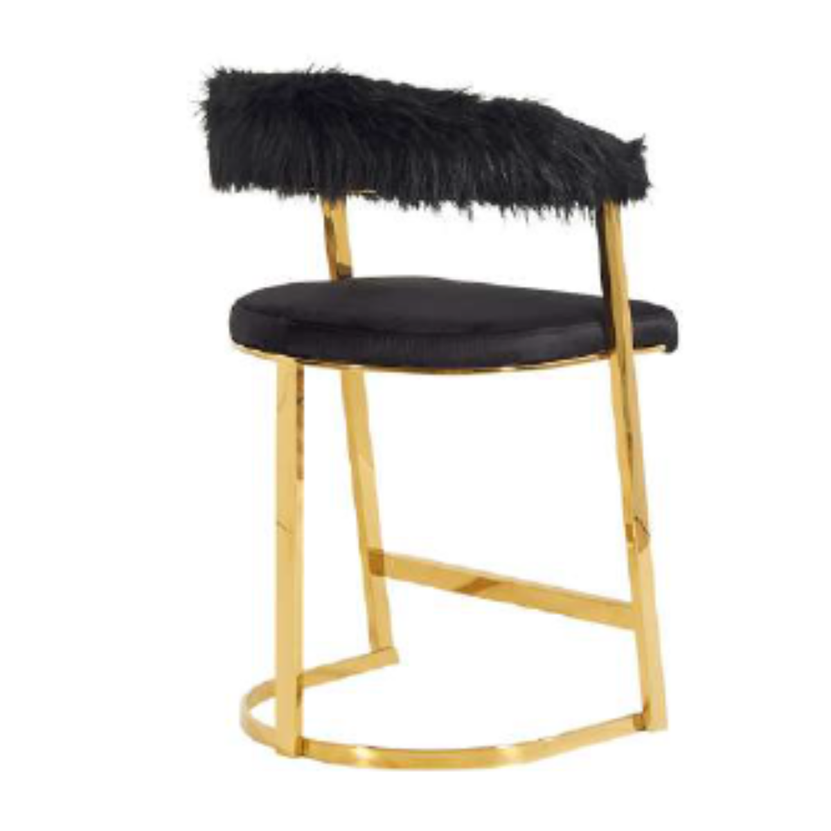 Bar stool with black fur backrest and seat, gold frame on white background