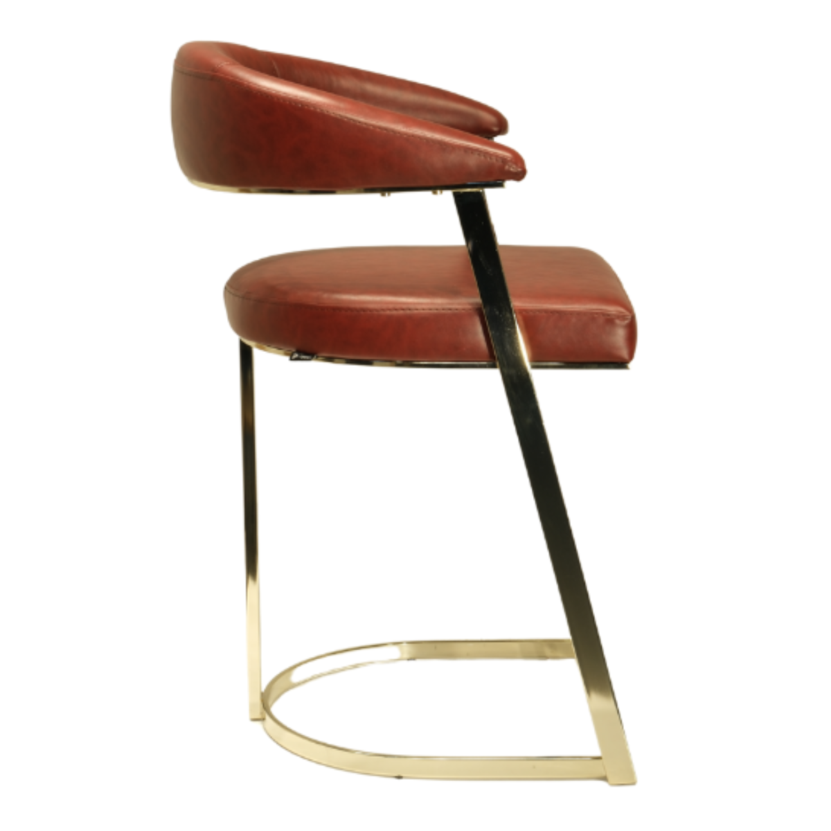 Brown leather bar stool with gold metal legs on a white background