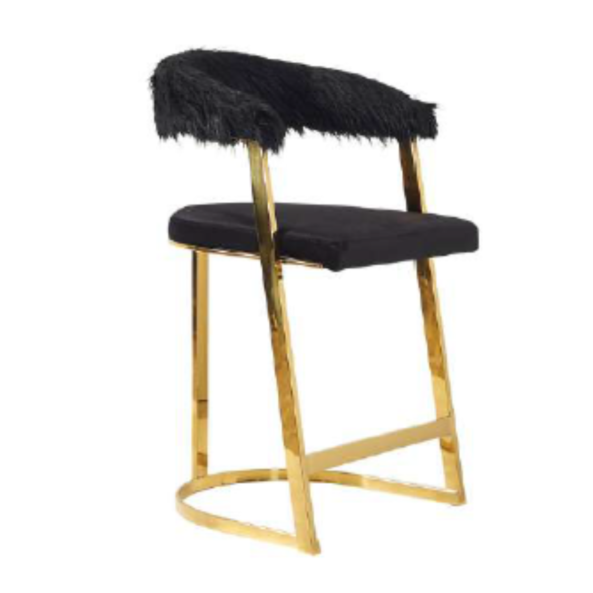 Bar stool with black cushioned seat and backrest, gold frame on a white background