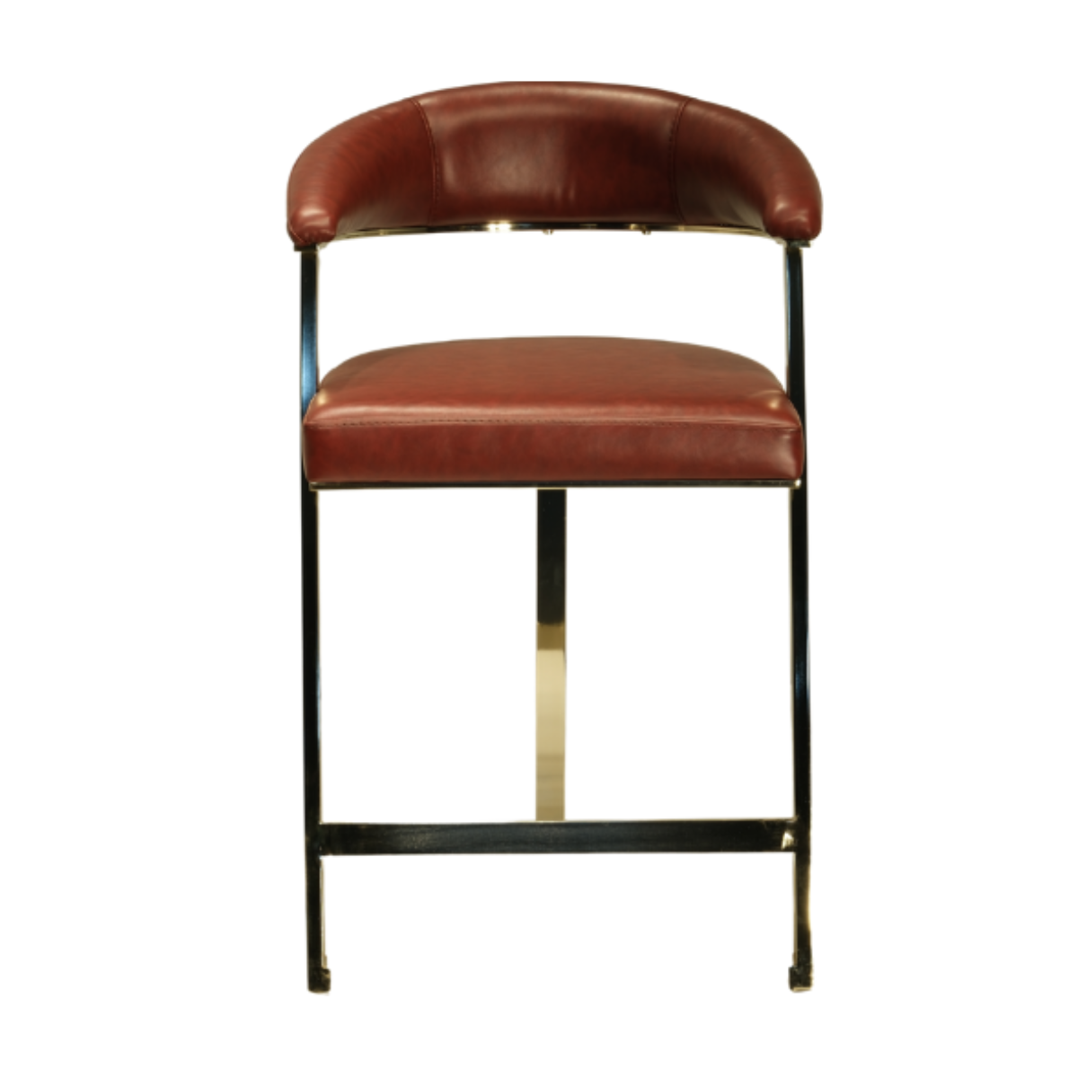 Brown leather bar stool with gold accents on a white background