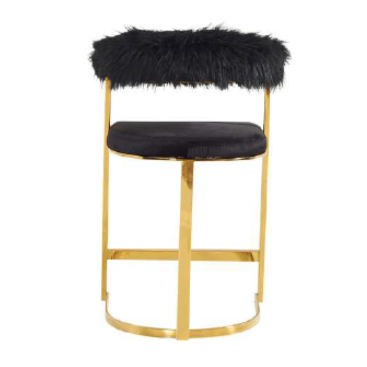 Bar stool with black fur top and seat on a gold frame against a white background